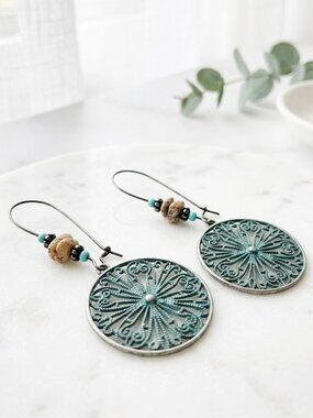 Teal Aztec Round Dangle Earrings